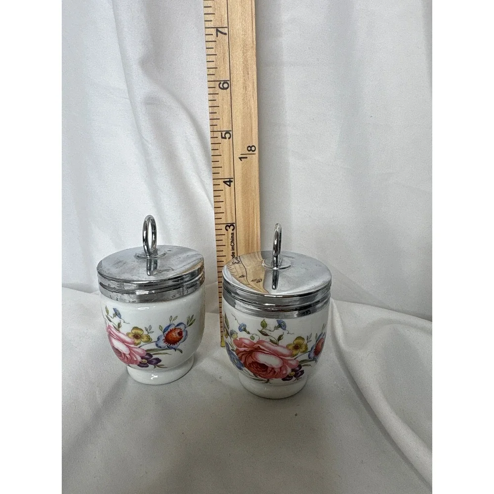 VTG Royal Worcester Egg Coddlers Set 2 White Floral Pink Rose England